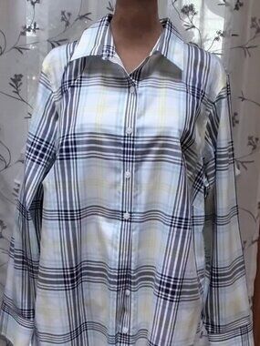 20 W Lands’ End Women Supima Non-Iron Plaid Long Sleeve Button Down Dress Shirt